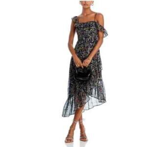 NWT Aqua Black Floral Print Ruffled Midi Dress Women's Size M Wedding Guest